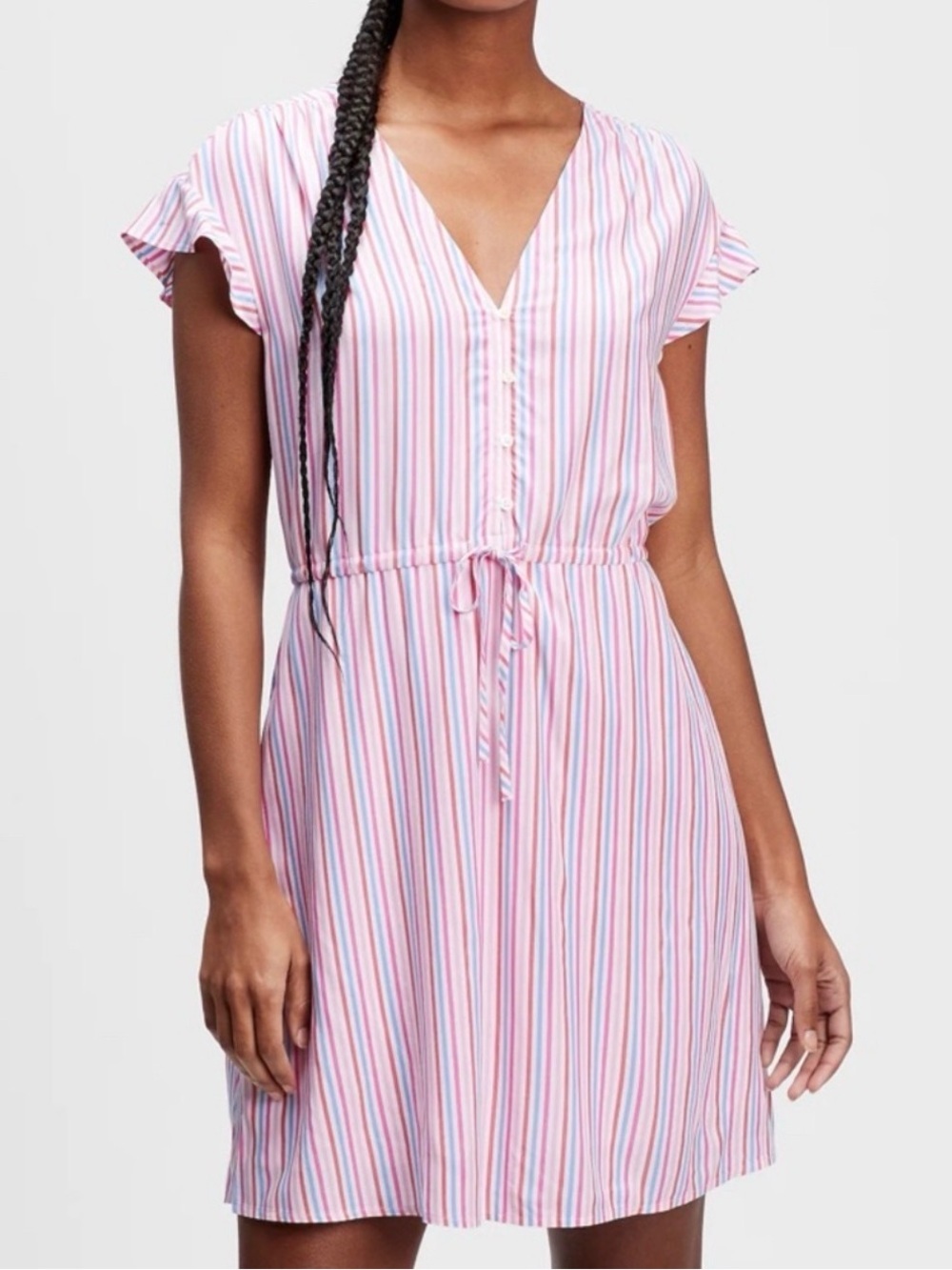 GAP Pink Multi-Stripe V-Neck Tie-Waist Mini Dress